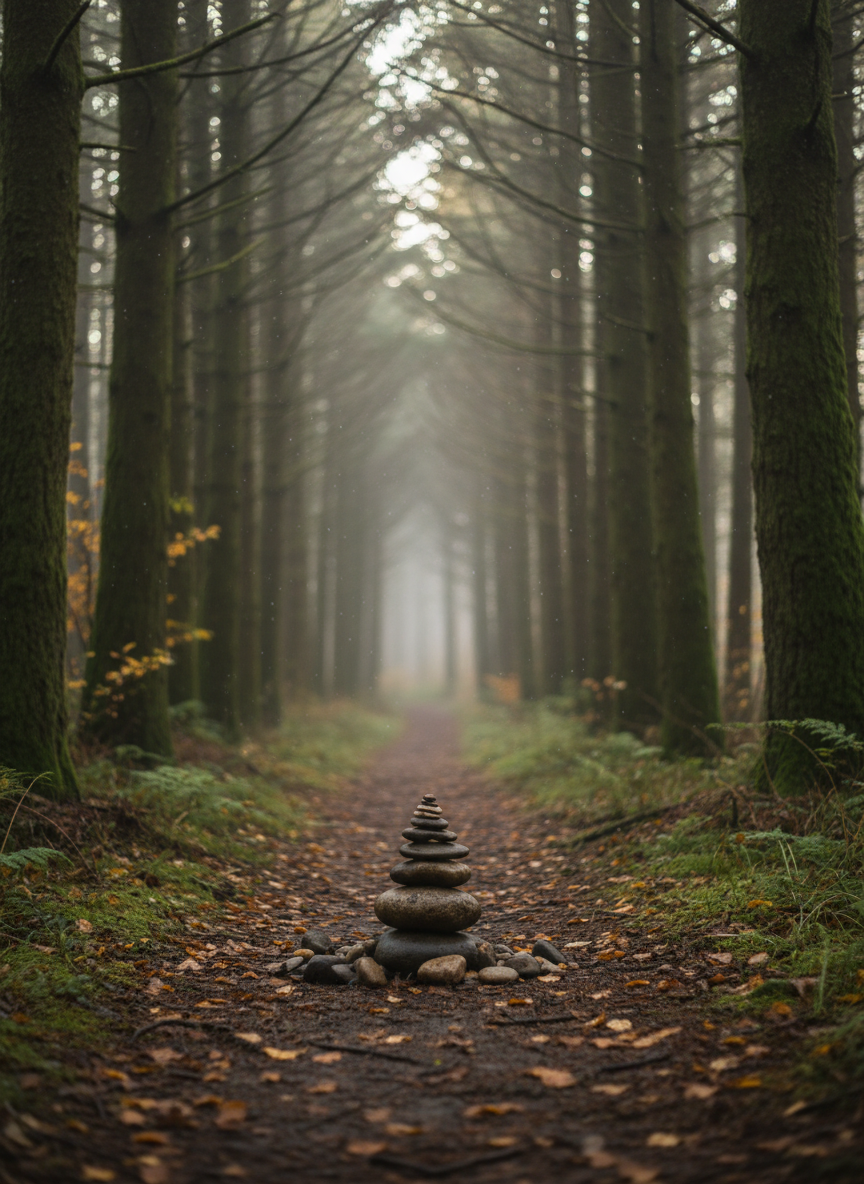 A narrow forest path winds through tall, moss-covered pines, the earth damp and dark with scattered leaves and tiny ferns at the edges. In the center of the path sits a small, smooth cairn of river stones, carefully stacked, subtly suggesting guidance and spiritual journey without any symbols or text. Soft, diffused morning light filters through a thin mist, creating delicate beams that illuminate drifting particles in the air. Photographic realism from a low, forward-facing angle, with sharp focus on the stones and gentle bokeh in the distant trees, conveys a contemplative, reverent atmosphere, ideal for reflecting on life’s path and God’s quiet presence.