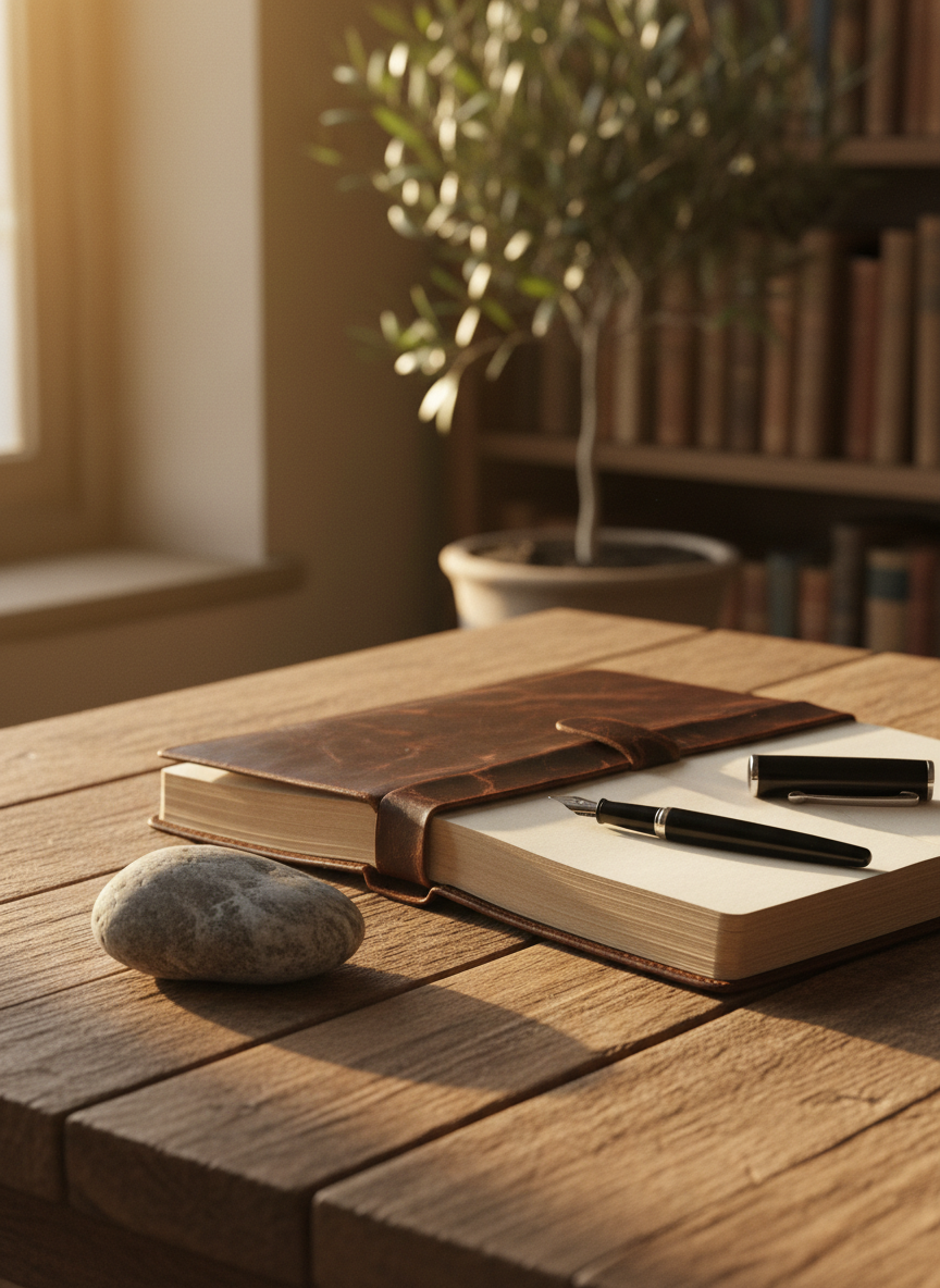 A well-worn leather journal, its dark brown cover subtly creased, lies open on a simple wooden table beside a smooth river stone etched only by time. A single fountain pen rests diagonally across a blank page, its ink nib catching a hint of light. Late afternoon sun pours through an unseen window, casting soft, elongated shadows and a warm golden glow across the wood grain. The background falls into a gentle blur of book spines and a potted olive tree. Photographic realism, shot at eye level with a shallow depth of field, evokes introspection, quiet faith, and personal reflection on life and God, in a serene, sophisticated mood.